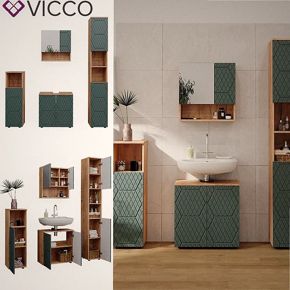 Badmöbel-Set Irma Eiche Grün 4-teilig Hochschrank Midischrank 95 cm Vicco