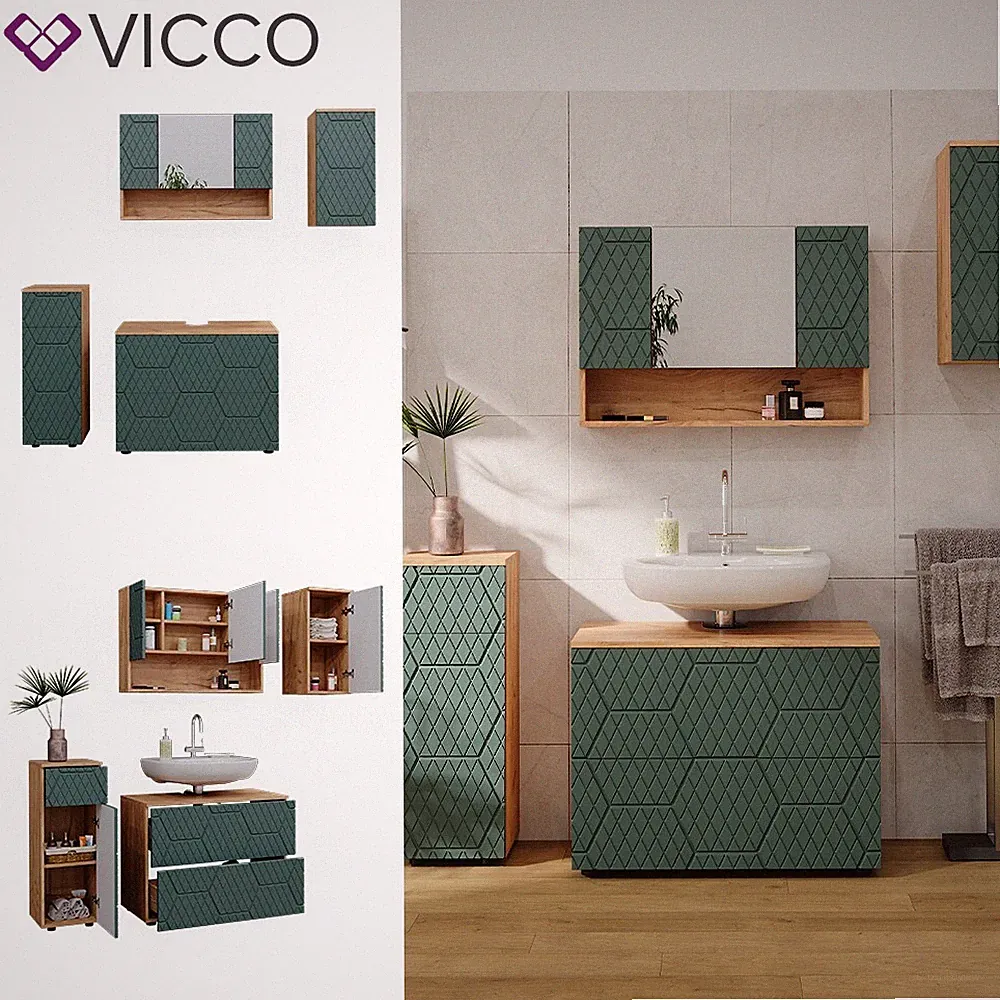 Badmöbel-Set Irma Eiche Grün 4-teilig Midischrank 81 cm Vicco