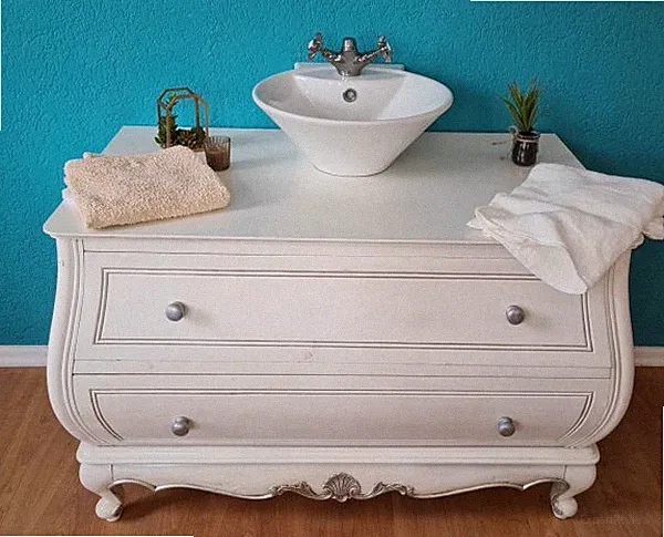 BADMÖBEL-SET KOMMODE WASCHTISCH HOLZ WEISS-SILBER BAROCK-STIL