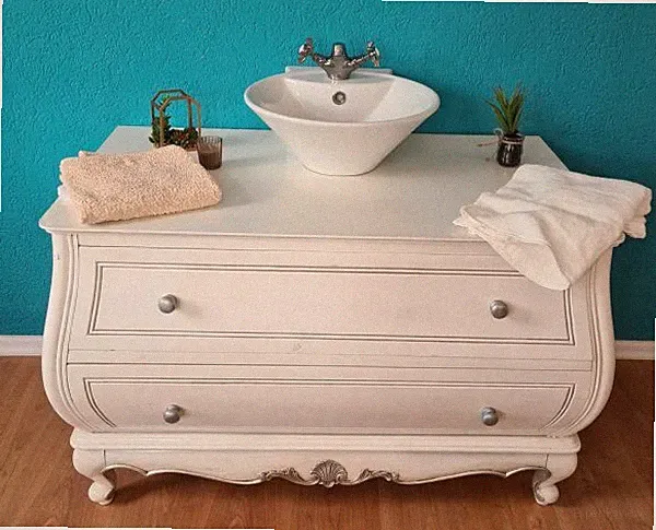 BADMÖBEL-SET KOMMODE WASCHTTISCH HOLZ WEISS-SILBER SHABBY-LOOK BAROCK-STIL