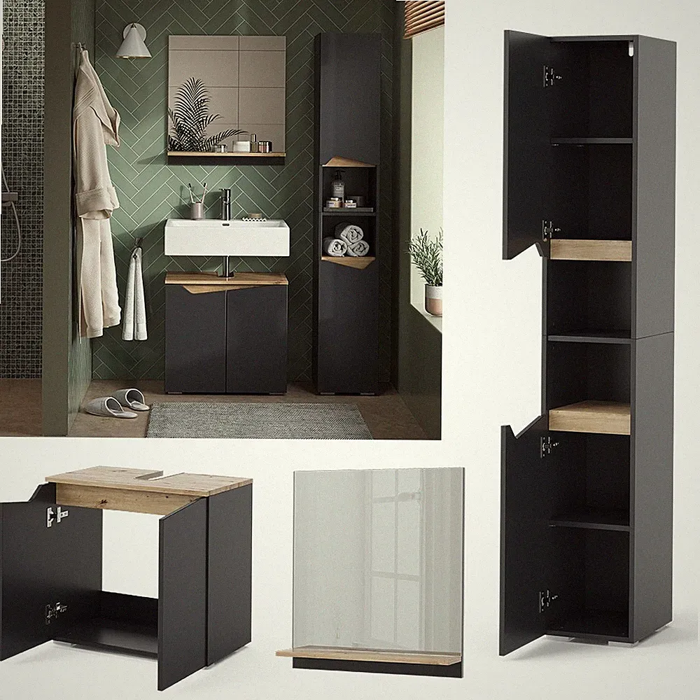 Badmöbel-Set Marelle Anthrazit Eiche 3 Teile Hochschrank Vicco