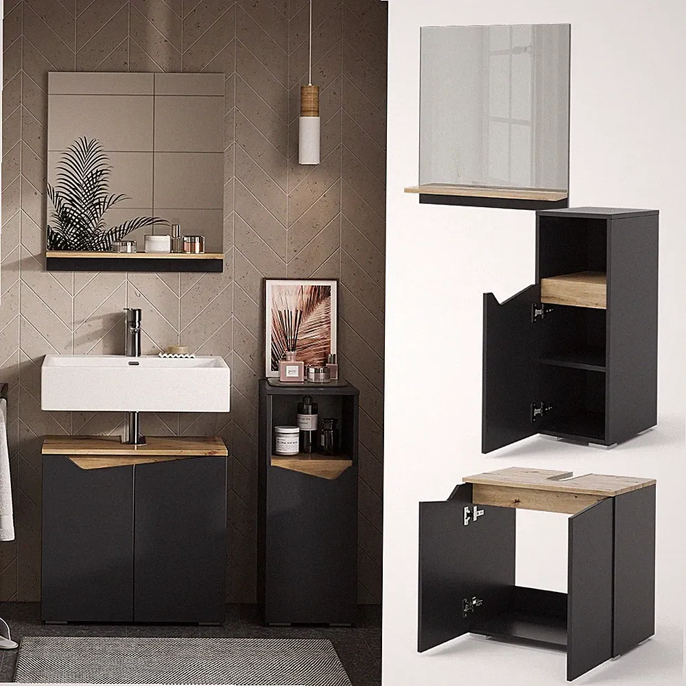 Badmöbel-Set Marelle Anthrazit Eiche 3 Teile Midischrank Vicco