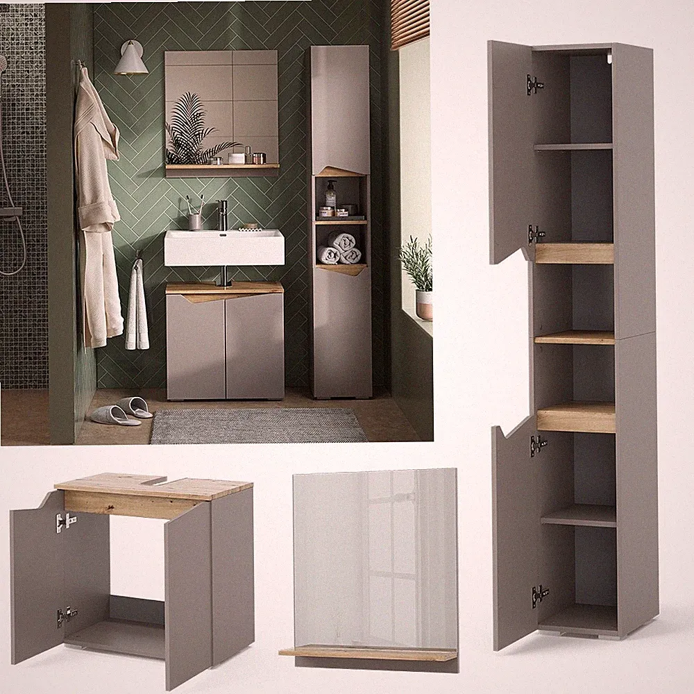 Badmöbel-Set Marelle Greige Eiche 3 Teile Hochschrank Vicco
