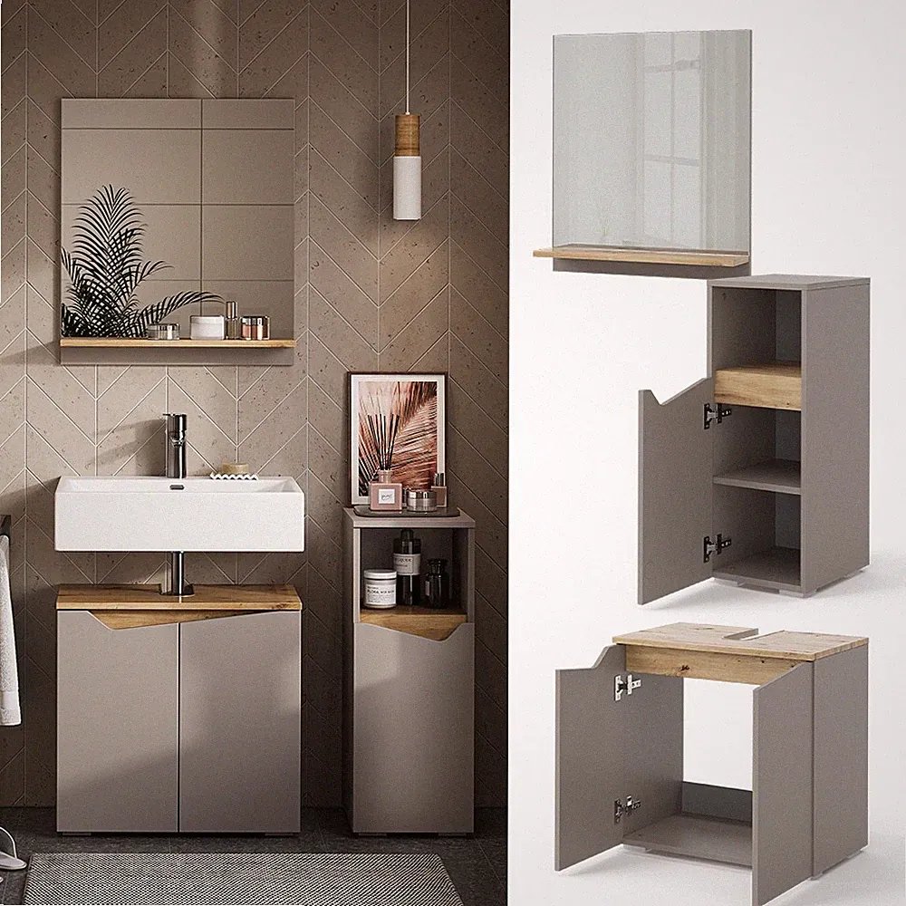 Badmöbel-Set Marelle Greige Eiche 3 Teile Midischrank Vicco