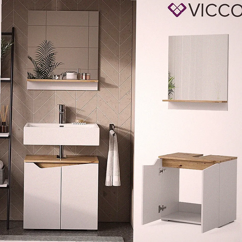 Badmöbel-Set Marelle Weiß Artisan Serie Waschtischunterschrank Badspiegel Vicco