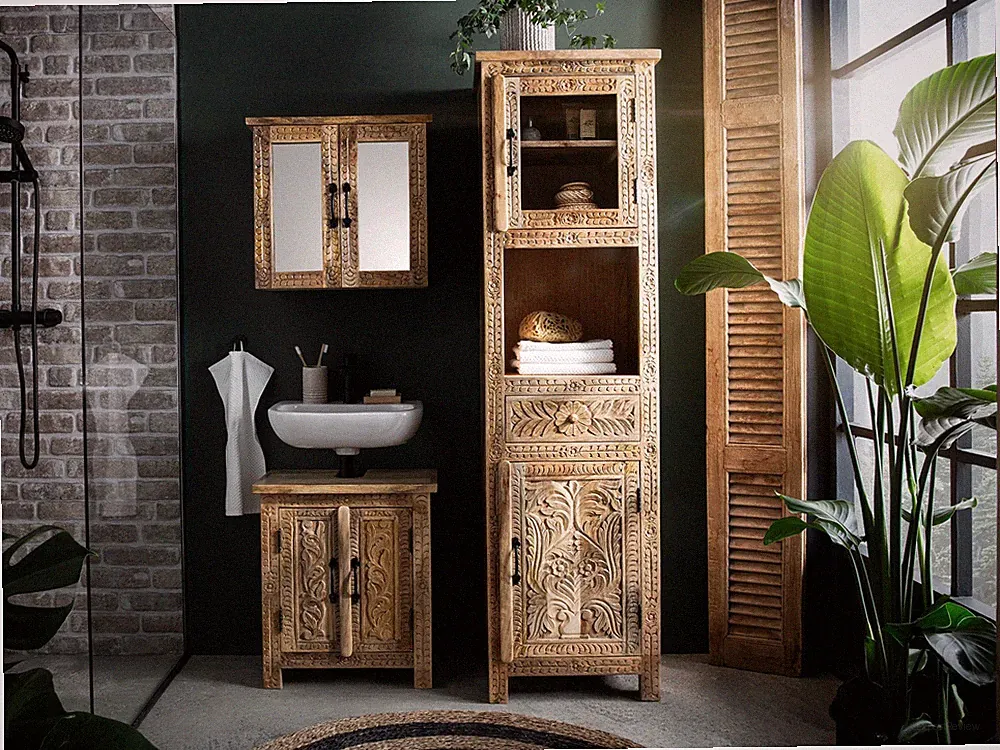 Badmöbel Set Santa Cruz natur 3-teilig Holz Badezimmer Schränke Landhaus Boho
