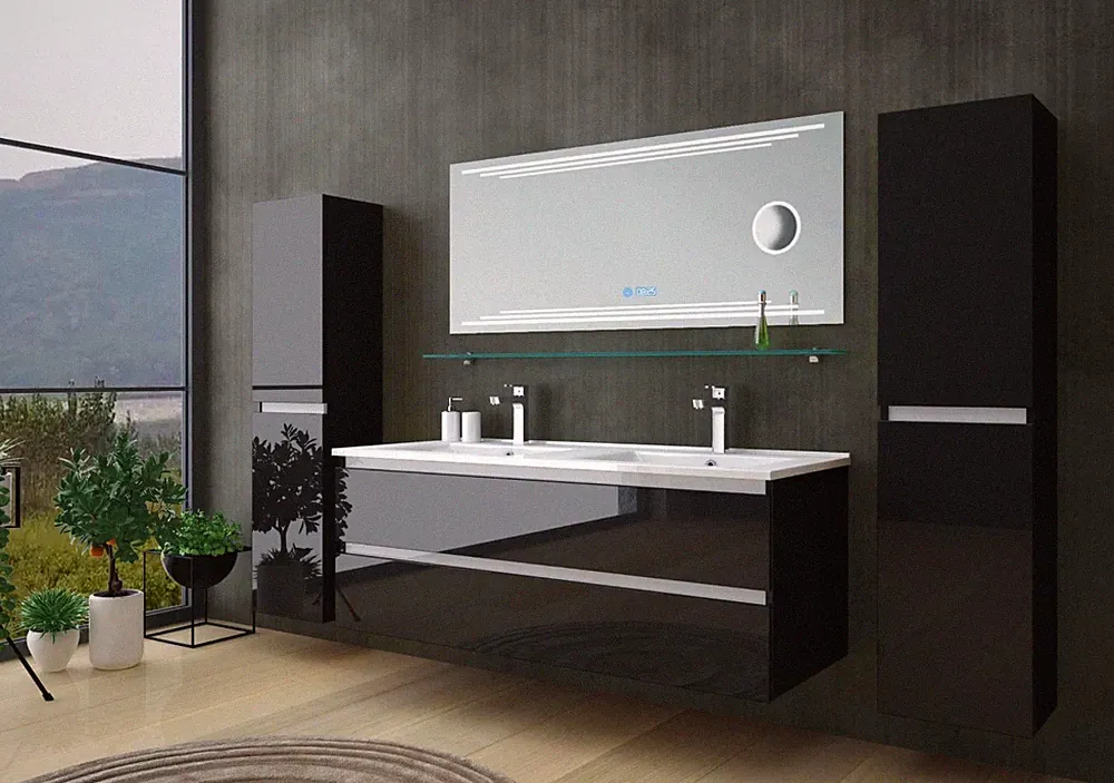 Badmöbel Set Schwarz doppelwaschtisch doppelwaschbecken Kosmetik Spiegel 120 cm