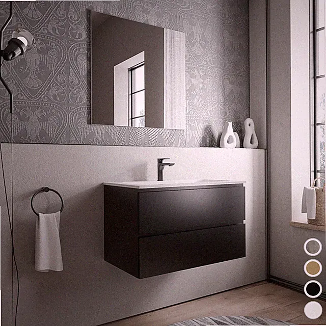 Badmöbel Set Unterschrank montiert 80cm Waschbecken Mineralguss AVA CREAM