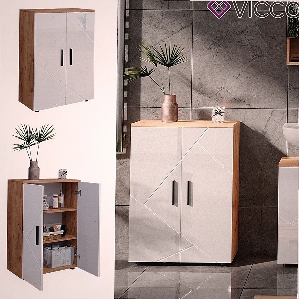 Badschrank Badezimmerkommode Badezimmermöbel Irma Eiche weiß Hochglanz Vicco