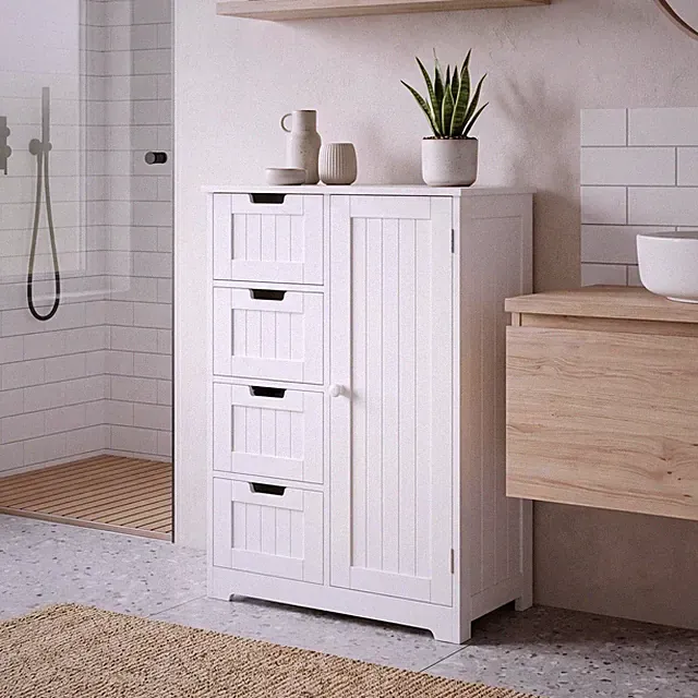 Badschrank Landhaus Badezimmerschrank weiß Schubladen Tür Beistellschrank