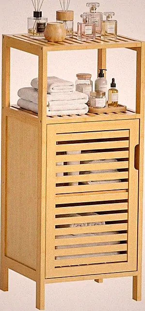 Badschrank mit 1 Tür, Bambus, Freistehend, Naturfarben, Platzsparend, 4 Regale