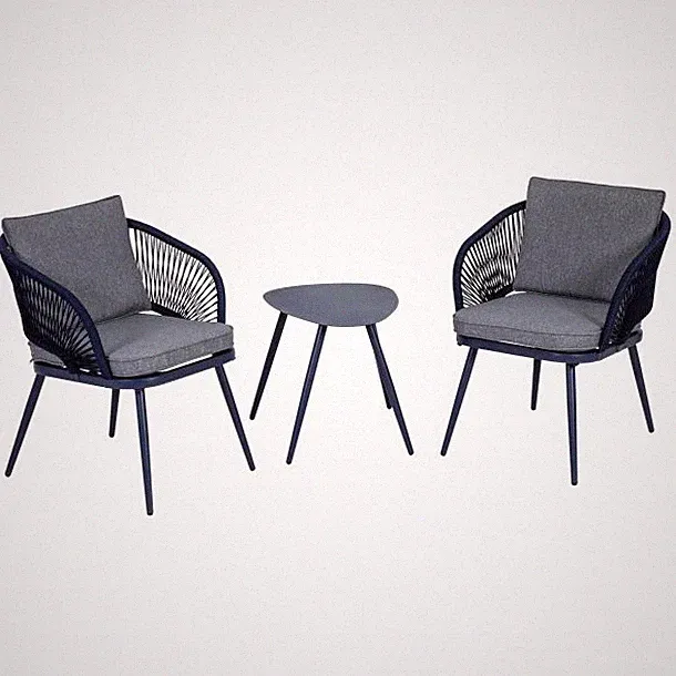 Balkon-Set Lyon Stahl anthrazit zwei Stühle ein Tisch Kissen 5cm grau Rope-Stil