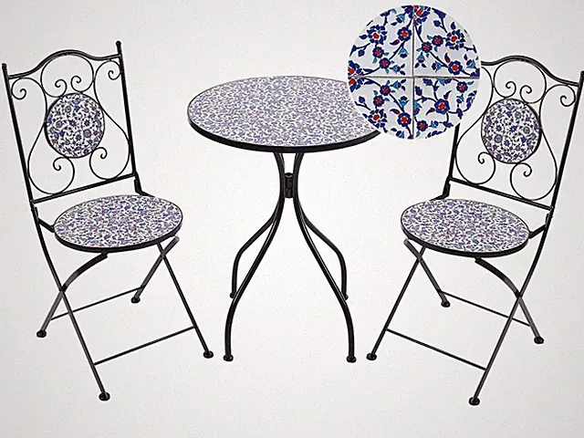 Balkon Set Metall schwarz / blau Mosaik Muster 2 Stühle 1 Tisch Camprena