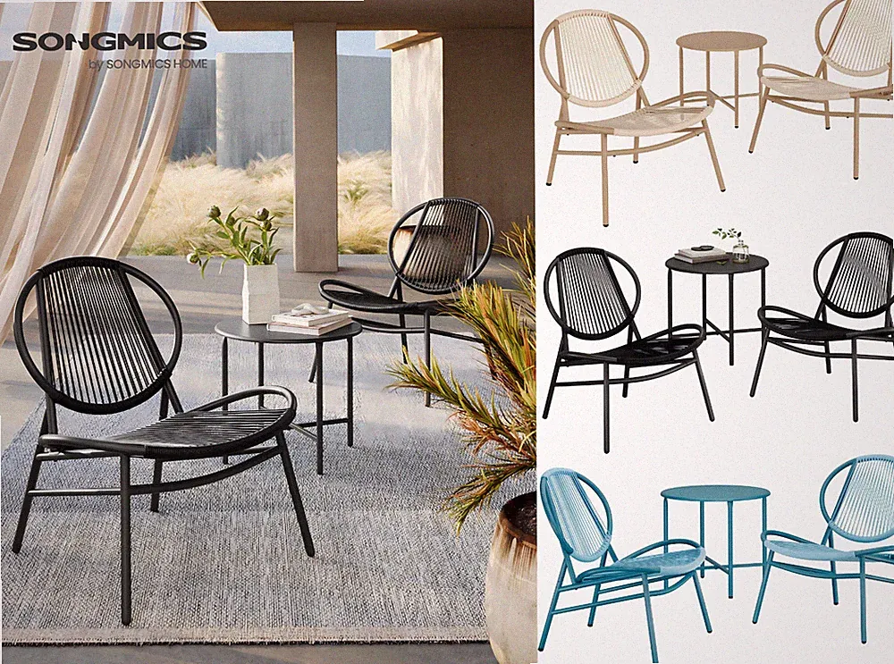 Balkonmöbel, 3er Set, Gartenmöbel-Set, mit Tisch, 2 Stühlen, GGFDE021