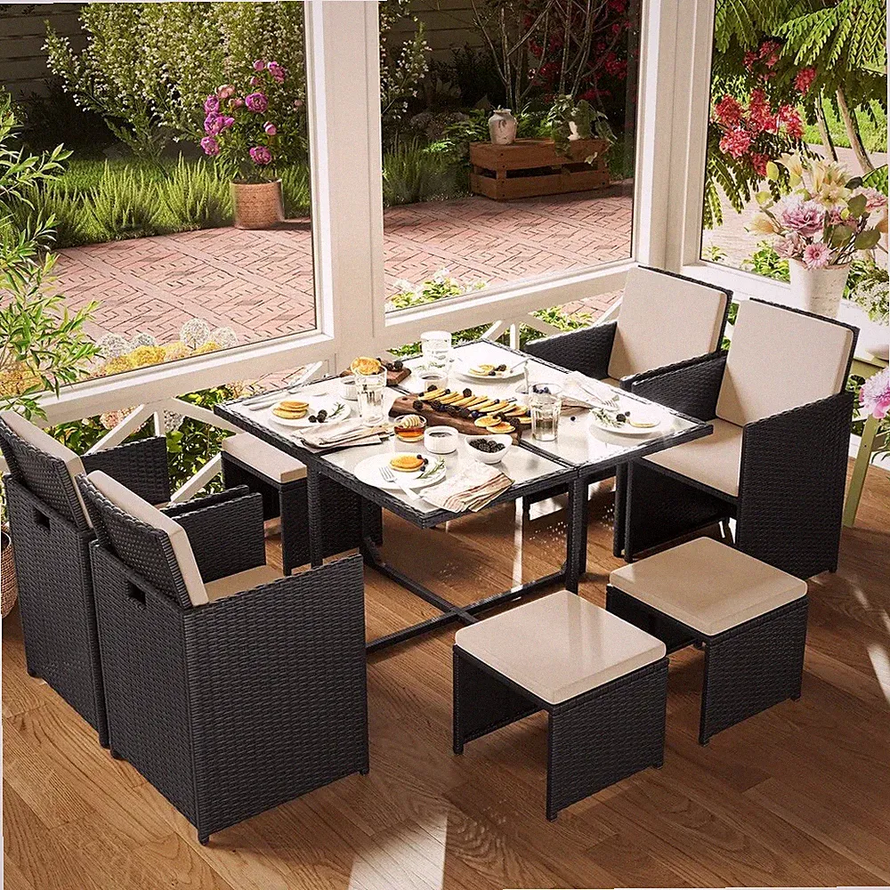 Balkonmöbel, Esstisch und Stühle, aus PE-Rattan, Schwarz