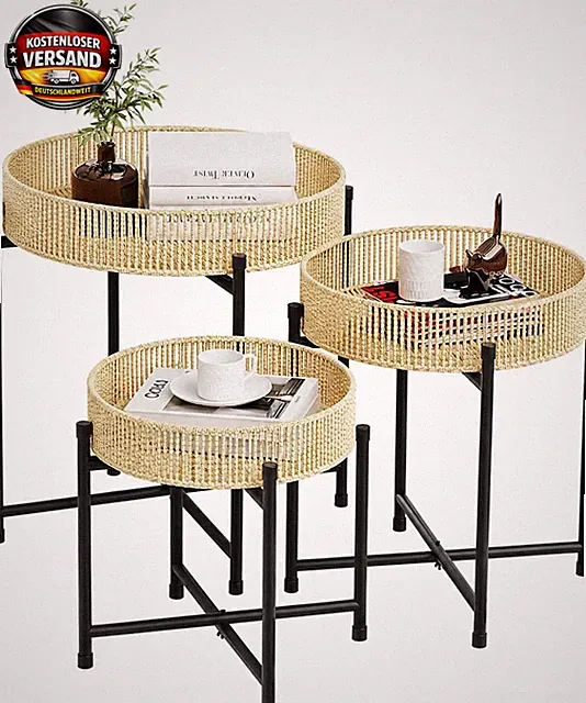 Bamworld Beistelltisch 3Er Set Rund Boho Beistelltische Mit Rattan Tablett & Met
