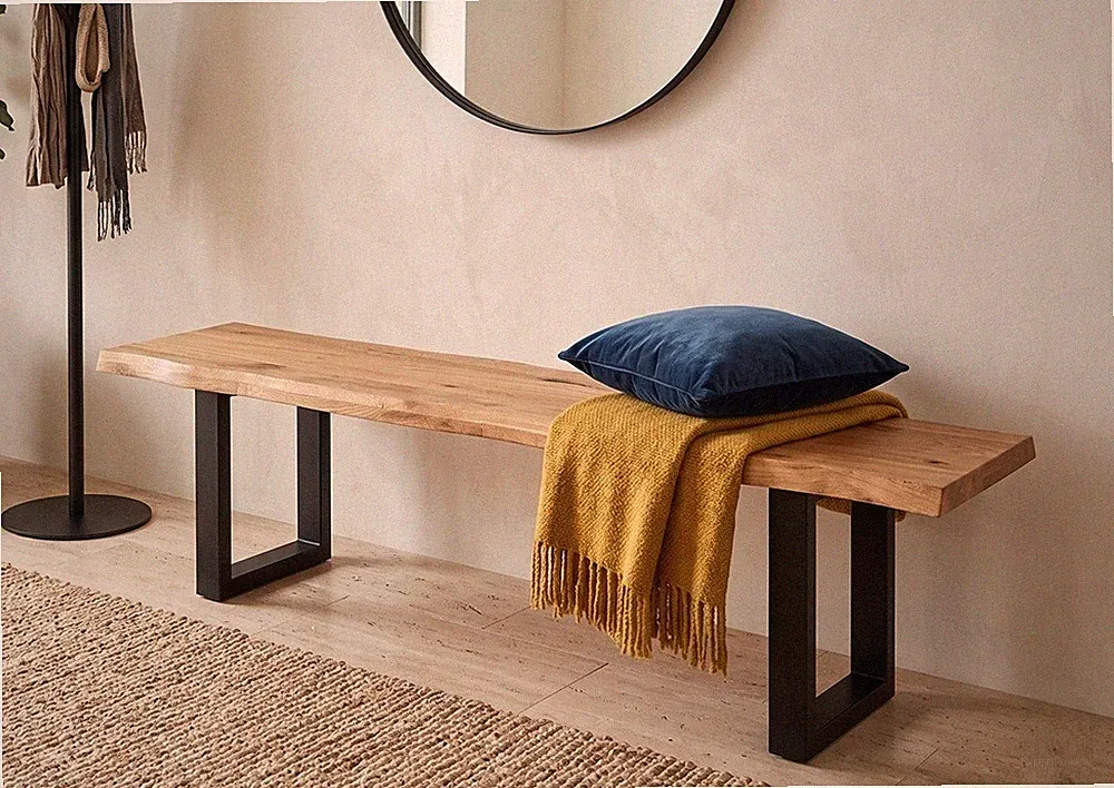 Bank 180cm Massivholz Eiche Sitzbank Wildeiche massiv & Metall schwarz NEU
