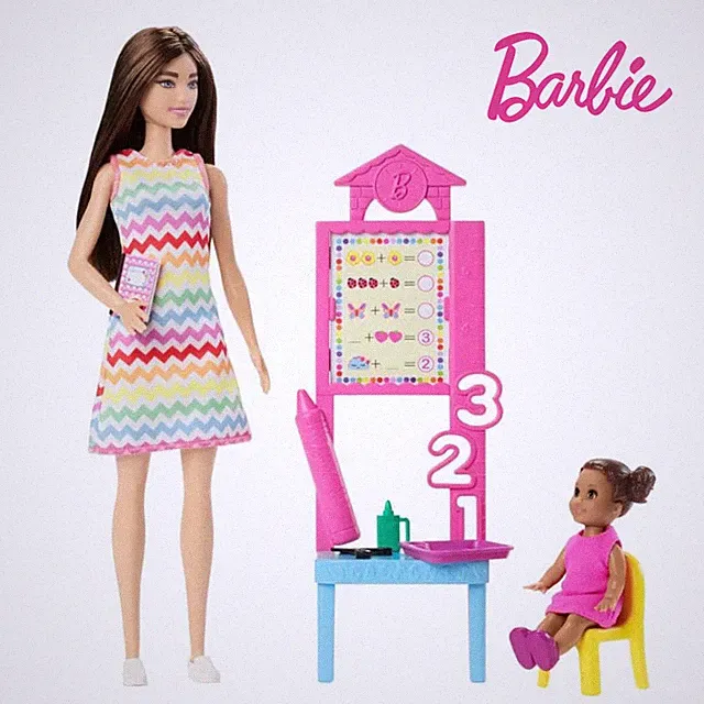 Barbie Lehrerin brünette Puppe mit Kleinkind, Möbel und Zubehör – Mattel JCR76