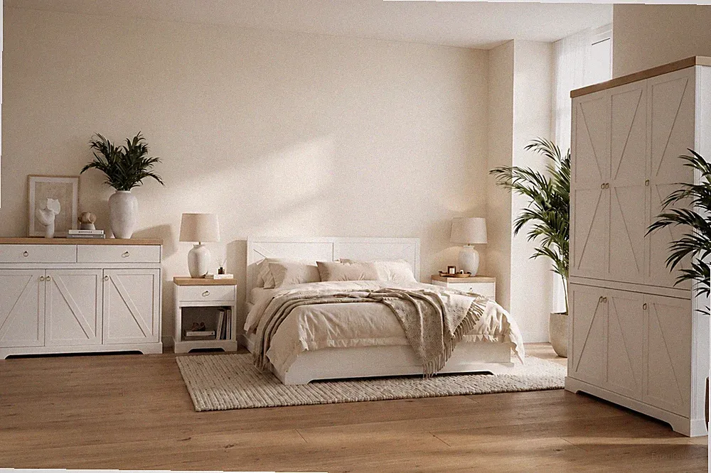 BARN Schlafzimmer Set 5-tlg Bett 160x200 Schrank Kommode Nachttische Opalweiß