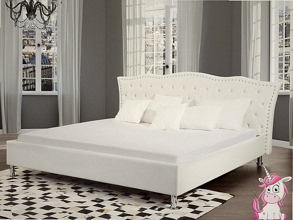 Barock Bett Unicorn Lederbett weiss mit Strasssteine Lattenrost Bettkasten Leder