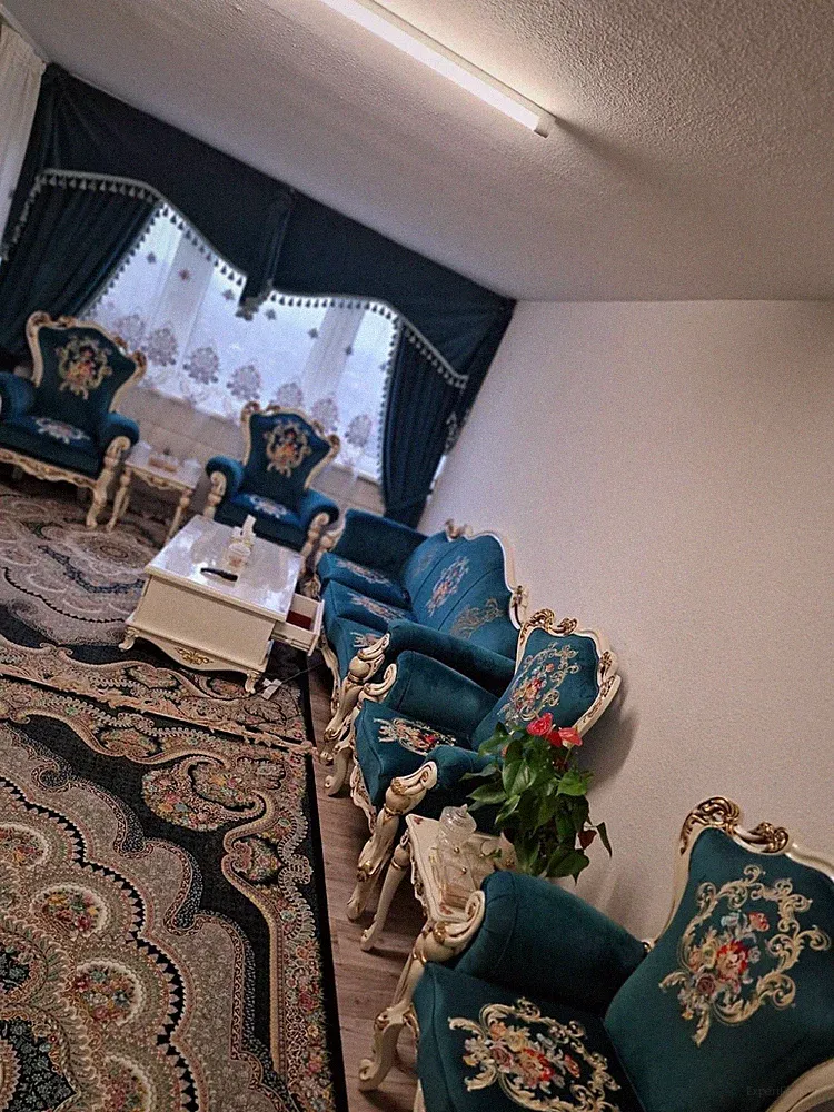 Barock/Rokoko Sofa Set blau Blumenmuster creme-gold Rahmen, Sofa & 4 Sessel
