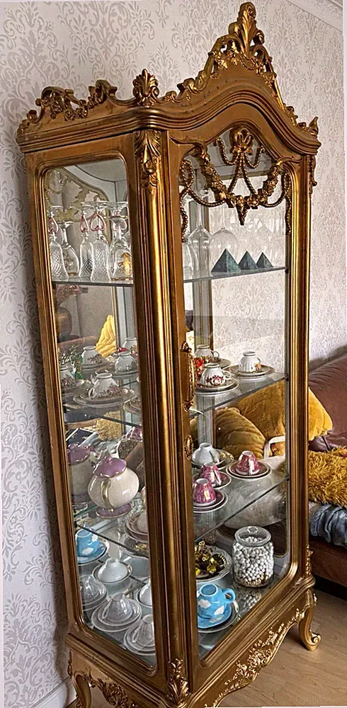 Barock/Rokoko Vitrine gold Holz/Glas 1 Glastür Glasböden B70 H200 T45