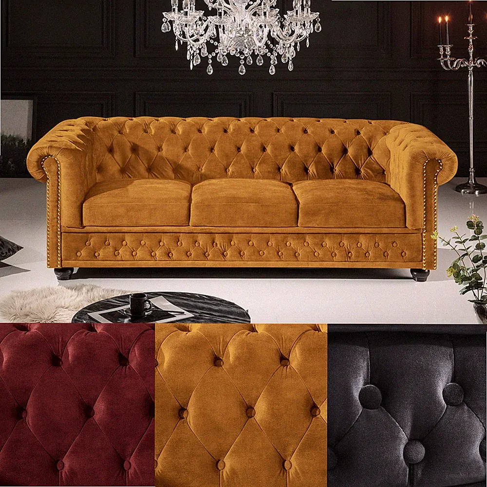 Barock Sofa CHESTERFIELD - 205cm - FARBWAHL - Samt - Federkern 3-Sitzer Couch