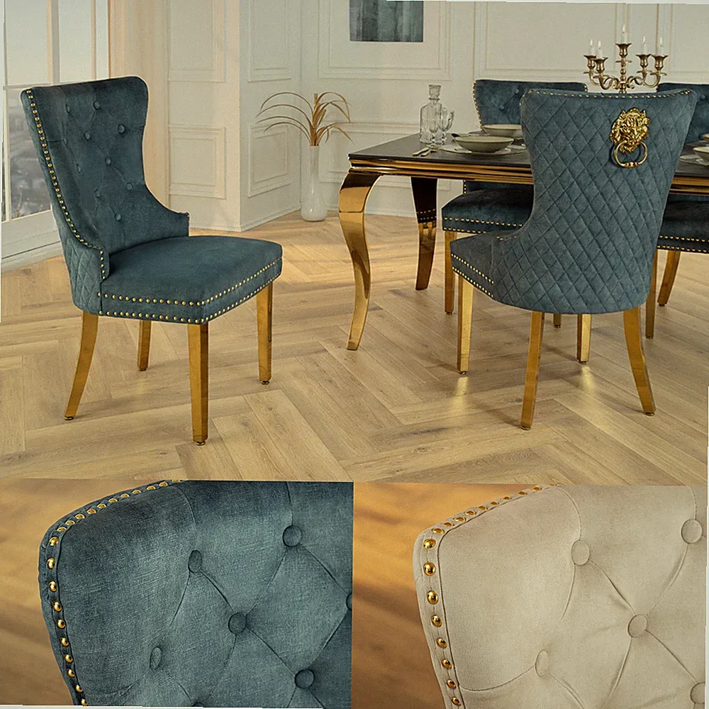 Barock Stuhl CASTLE DELUXE - FARBWAHL - Samt Edelstahl - Löwenkopf Ziernieten