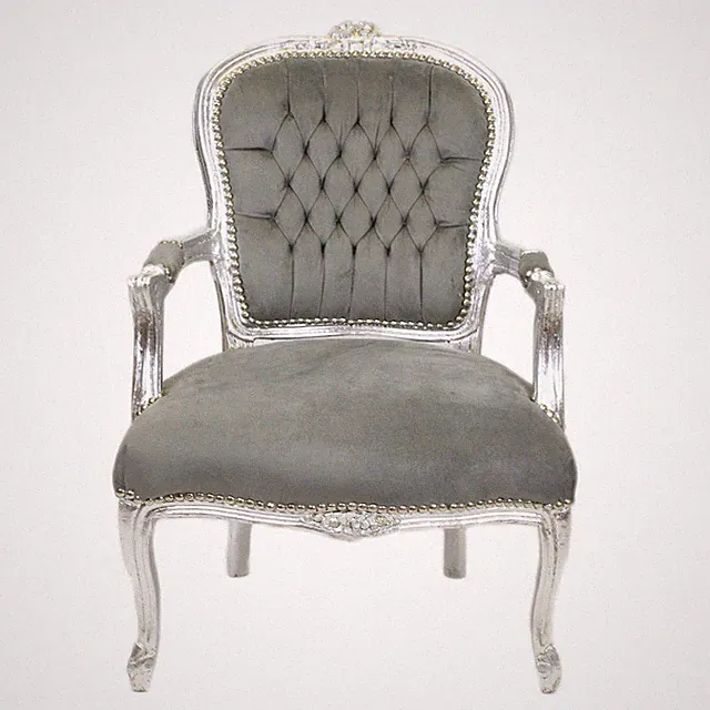 Barockstuhl Salonstuhl Grau Silber Stoff Schminkstuhl Wohnzimmer Stuhl Thron TOP