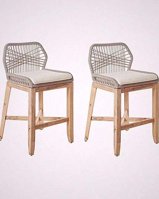 Barstuhl 2er Set Flechtseil beige mit Lehne Fußstütze Holzbeine Auflage Talamone