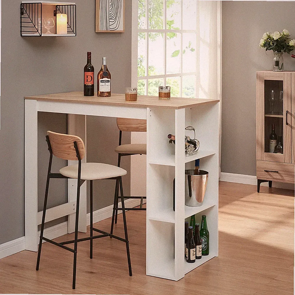Bartisch Danderyd 120x60x106 cm mit 3 Ablagefächern Weiß/Eichenoptik [en.casa]