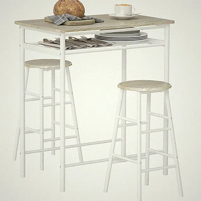 Bartisch Set 3-teilig Küchentisch mit Stuhl Stehtisch Barhocker Stahl Weiß+Eiche