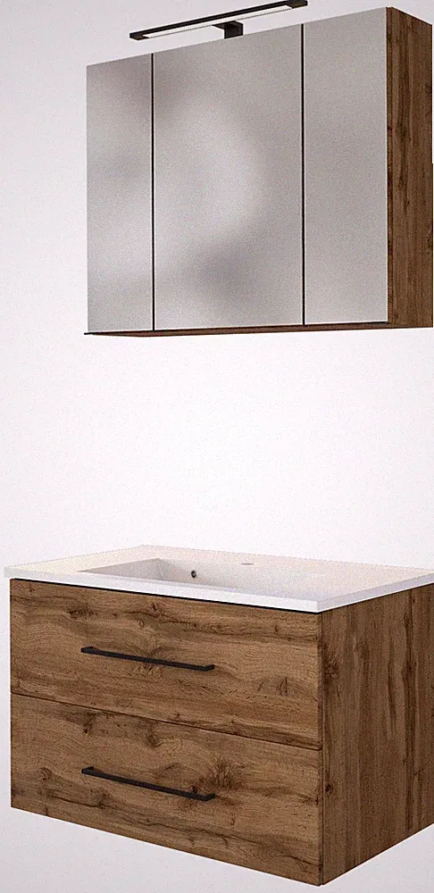 Basera® Badmöbel Set Ariella 80 cm breit Wotaneiche inkl. LED-Spiegelschrank...