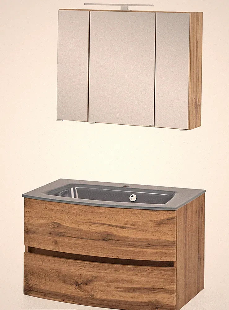Basera® Badmöbel Set Jolanda 80 cm breit Wotaneiche inkl. LED-Spiegelschrank...