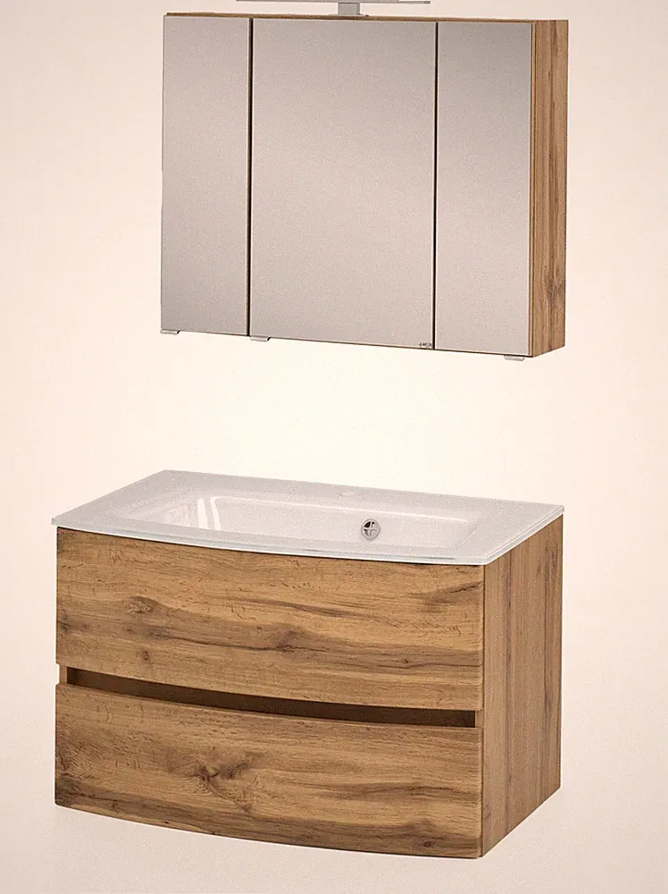 Basera® Badmöbel Set Jolanda 80 cm breit Wotaneiche inkl. LED-Spiegelschrank...