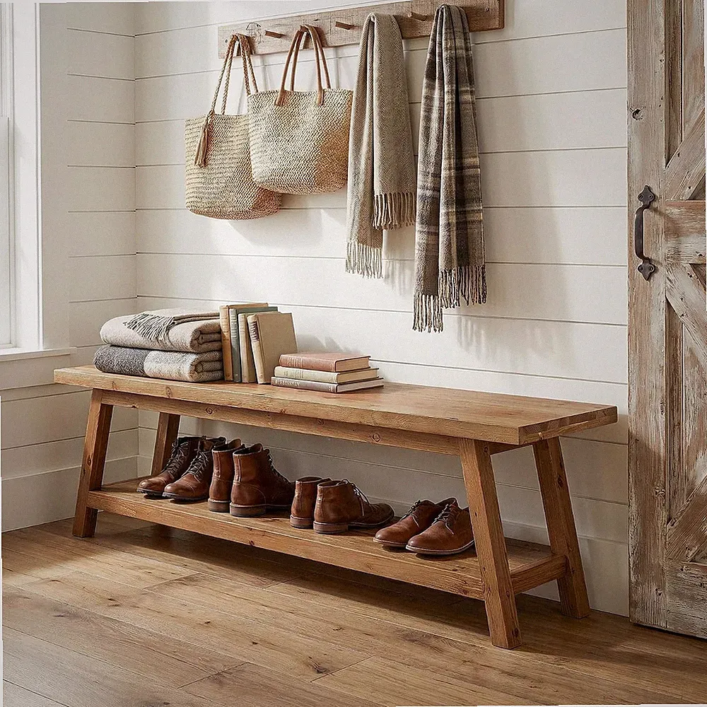 Bauhaus Massivholz-Bank, 160 cm Holzbank im Landhausstil für Eingangsbereich