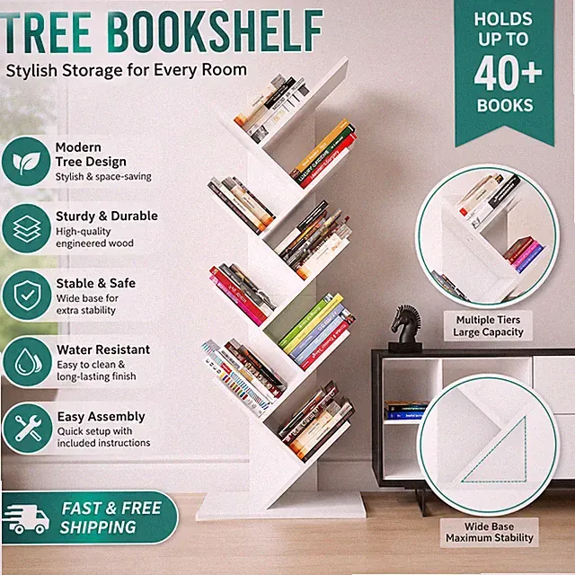 Baum Bücherregal Standregal weiß 9 Ebenen Holz Aufbewahrung Vitrinenregal