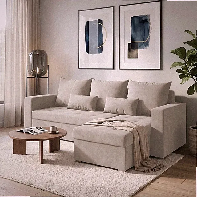 Beige Ecksofa L-Form mit Schlaffunktion - Bettkasten - Schlafcouch - Eckcouch