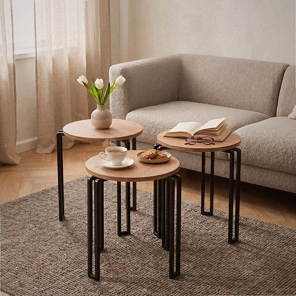 Beistelltisch 3er Set rund Couchtisch, Sofatisch identisch stapelbar Metall Holz