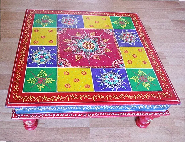 Beistelltisch aus Rajasthan INDIEN handbemalt bunt Holz 38x38 cm Blumentisch