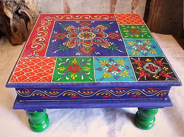 Beistelltisch aus Rajasthan INDIEN handbemalt bunt Holz 40x40 cm Blumentisch