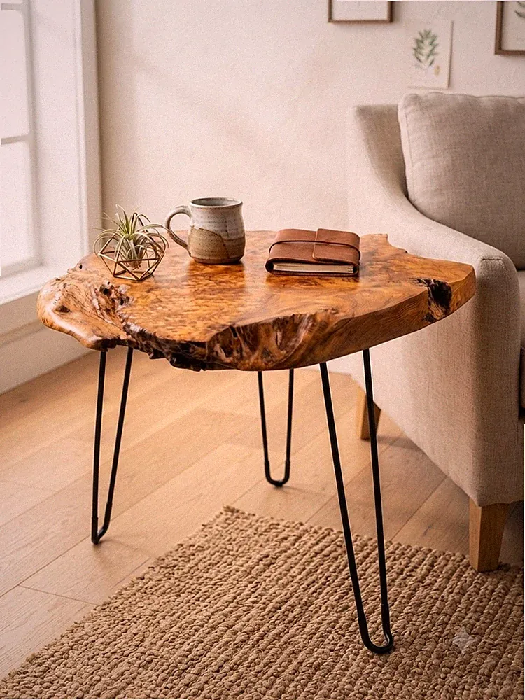 Beistelltisch Baumscheibe Massivholz Couchtisch Baumkante Rustikal Hairpin