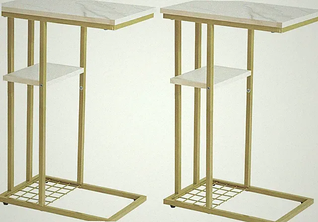 Beistelltisch C-Form 2er-Set, Kleiner Sofatisch, Industrie-Design, Marmor Wei...