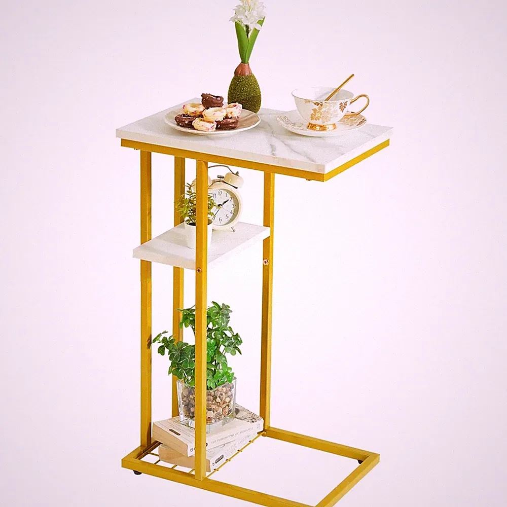 Beistelltisch C-Form Möbel metallweiß Gold modern Sofatisch