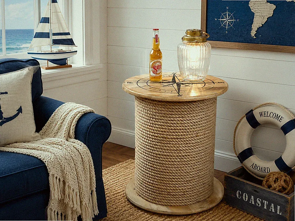 Beistelltisch Couchtisch im maritimen Küstenstil mit Holzseildetails