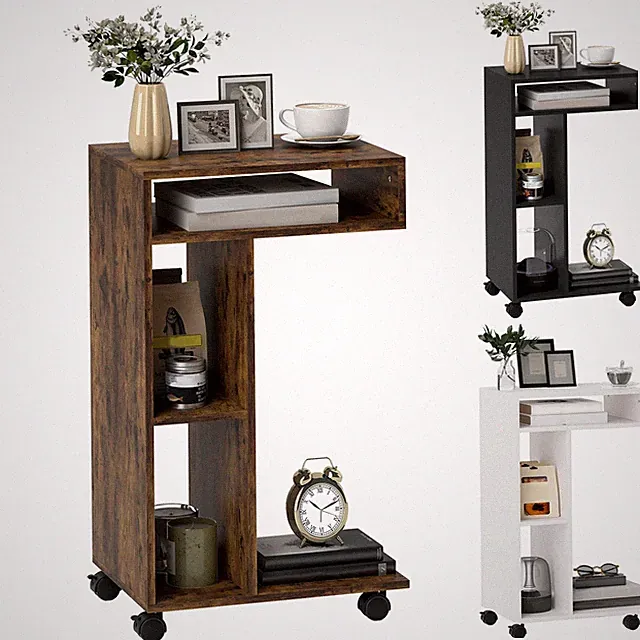 Beistelltisch Couchtisch mit Rollen, Schreibtisch mit 4 Regalen, Sofatisch