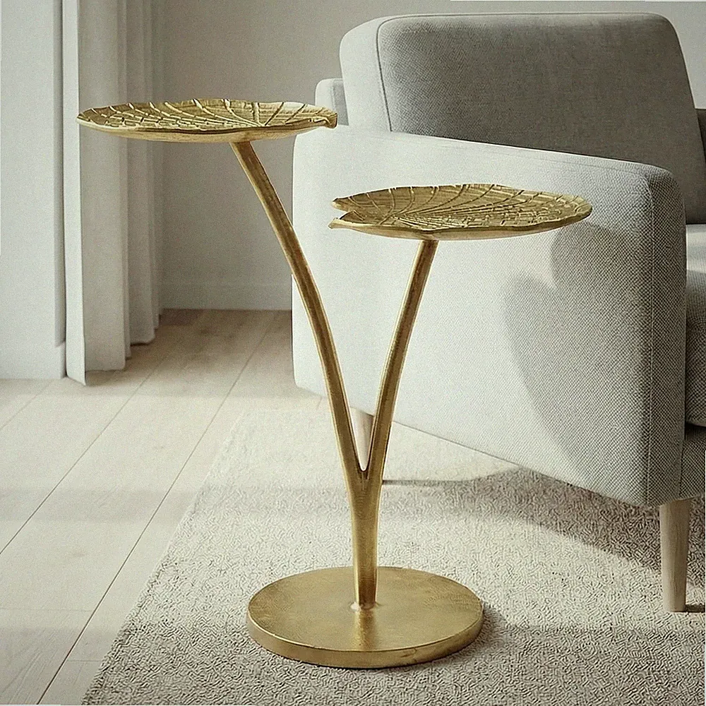 Beistelltisch Gold 57cm Alu Anstelltisch Blatt Wohnzimmertisch Couchtisch Rund
