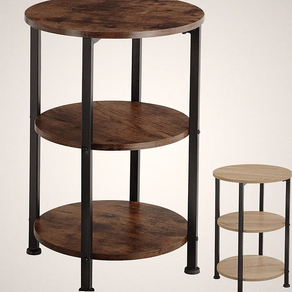 Beistelltisch Holz Metall rund 3 Ebenen Couchtisch Nachttisch Industrial schwarz