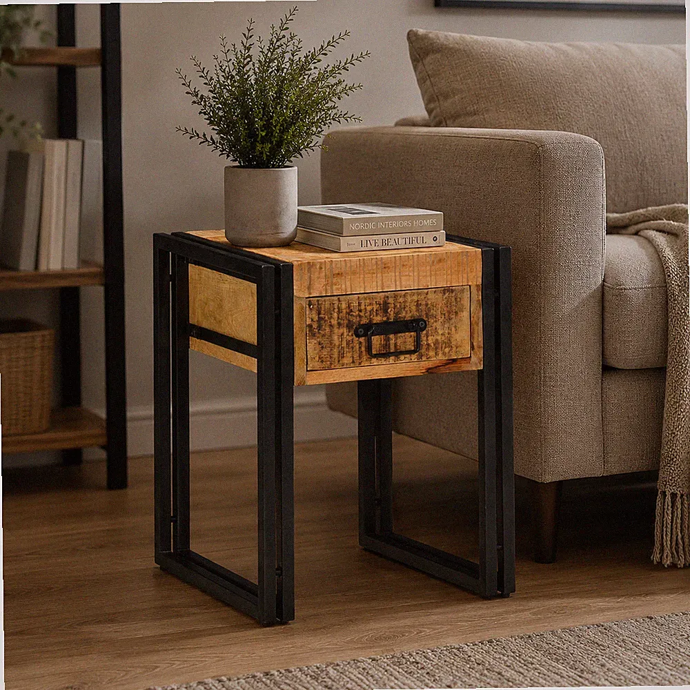 Beistelltisch Mango Massivholz Industrial Nachttisch mit Schublade 40x40x50cm