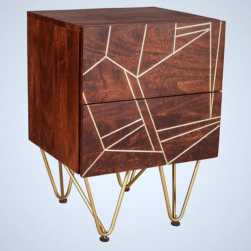 Beistelltisch Massivholz braun 2 Schubladen Metallintarsien 60x45x40cm modern Akzent